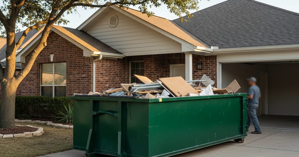 15-yard roll-off dumpster on a suburban Texas driveway.