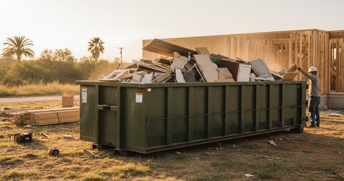 30-yard roll-off dumpster half full of remodel debris.