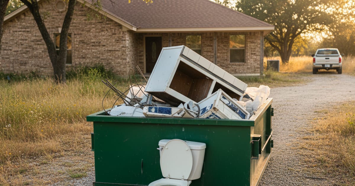 Roll-off dumpster outside a Texas home loaded with bathroom remodel debris.