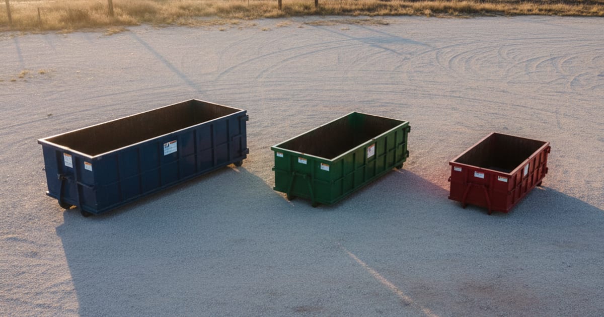 Three roll-off dumpster sizes parked side by side on a lot.