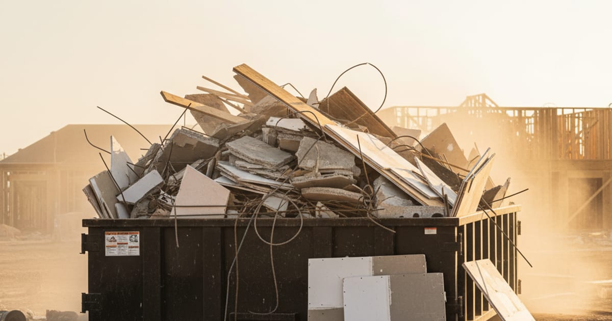 Roll-off dumpster loaded with construction debris on a Texas job site.