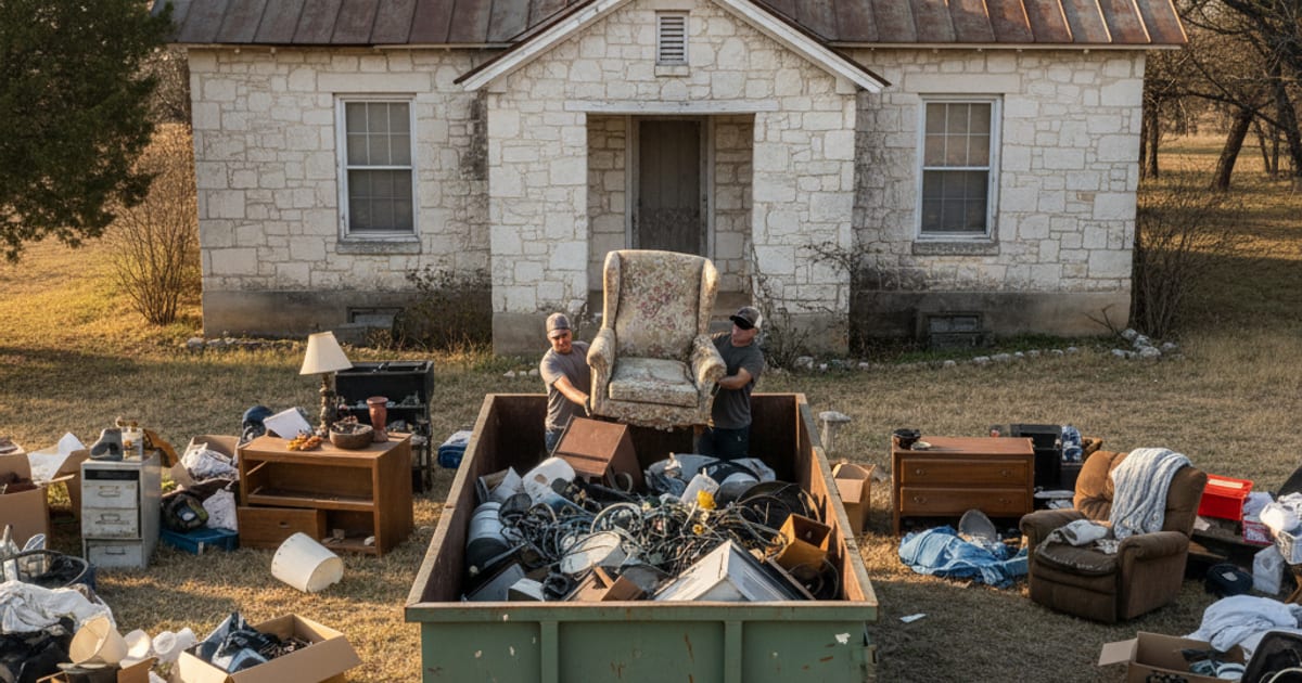 Estate cleanout in the Texas Hill Country with a roll-off dumpster on the lawn.
