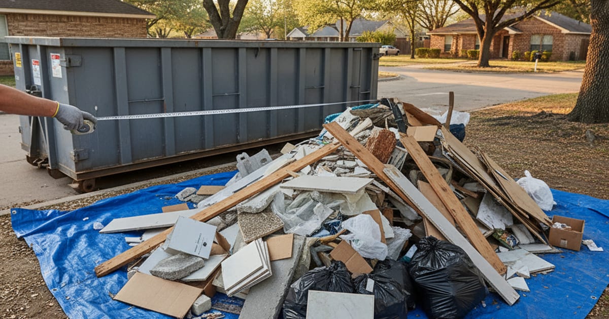 Pile of debris next to a roll-off dumpster being measured.