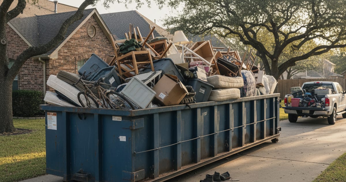 Overflowing roll-off dumpster during a heavy residential cleanout.