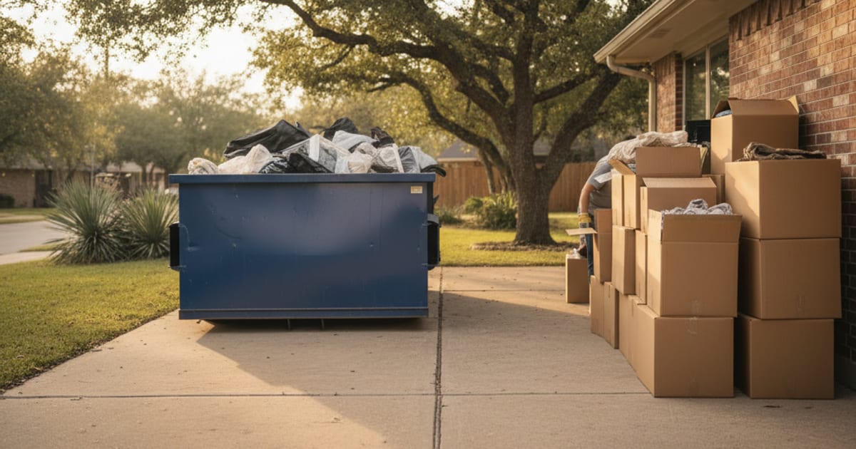 Driveway with a dumpster, donation boxes, and moving boxes side by side.