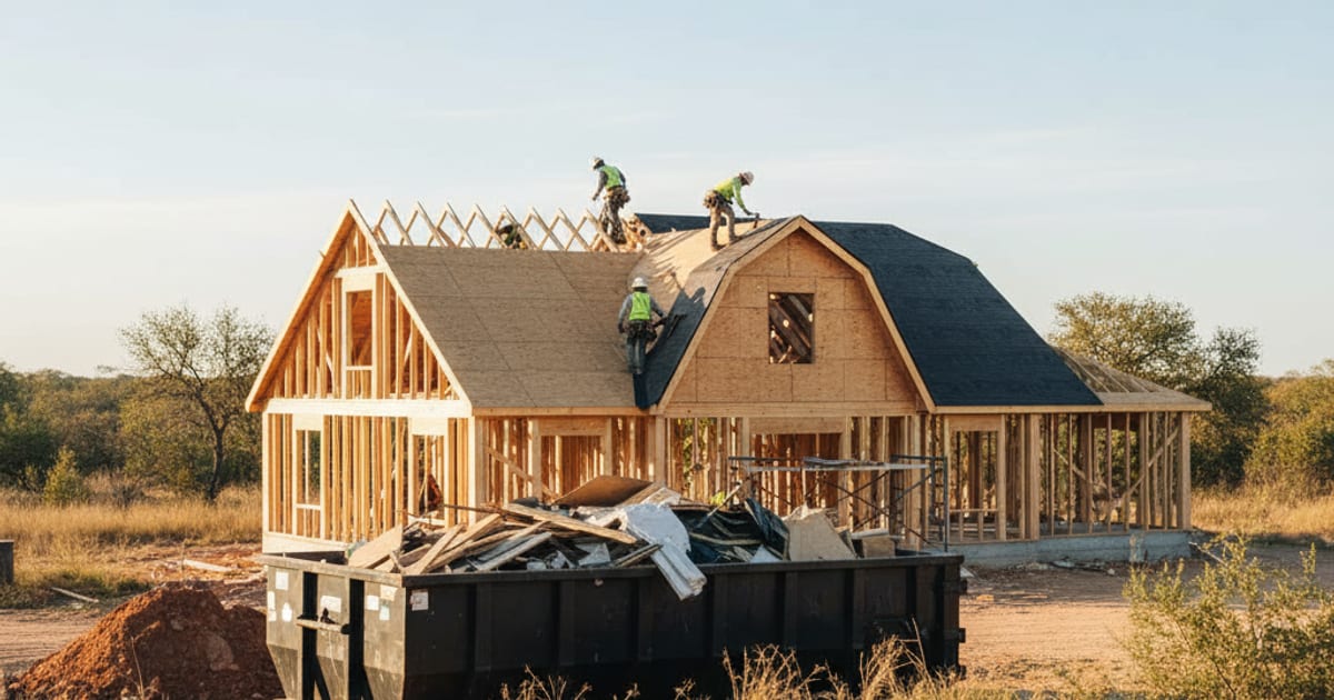 New home under construction in Texas with a roll-off dumpster on site.