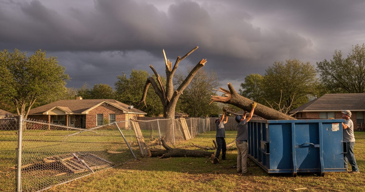 Storm debris being loaded into a roll-off dumpster after a Texas storm.