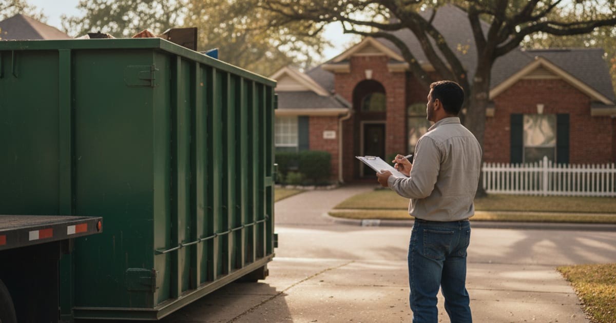 Homeowner sizing up a roll-off dumpster on a driveway.