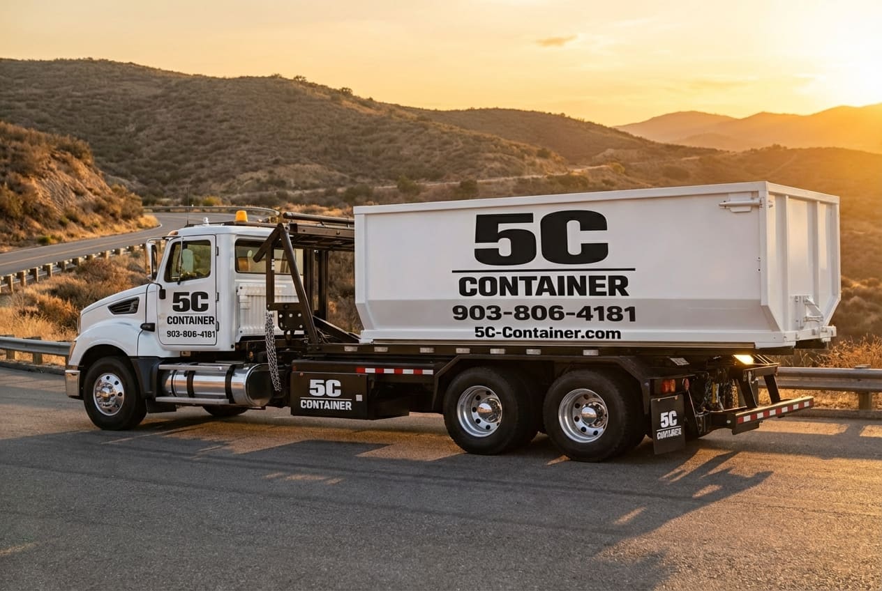 5C Containers roll-off dumpster rental truck delivering a container in Texas
